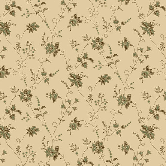 Jo Morton Trunk Treasures fabric 8040-G, trailing green floral vines and berries on tan