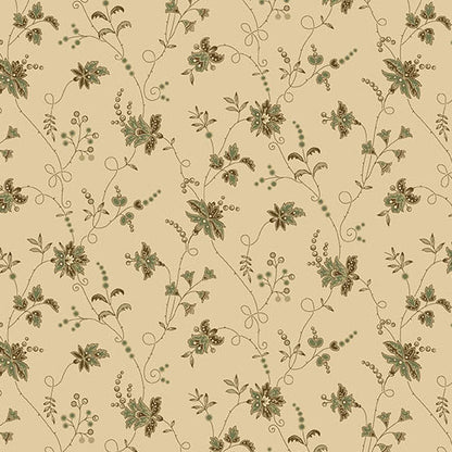 Jo Morton Trunk Treasures fabric 8040-G, trailing green floral vines and berries on tan