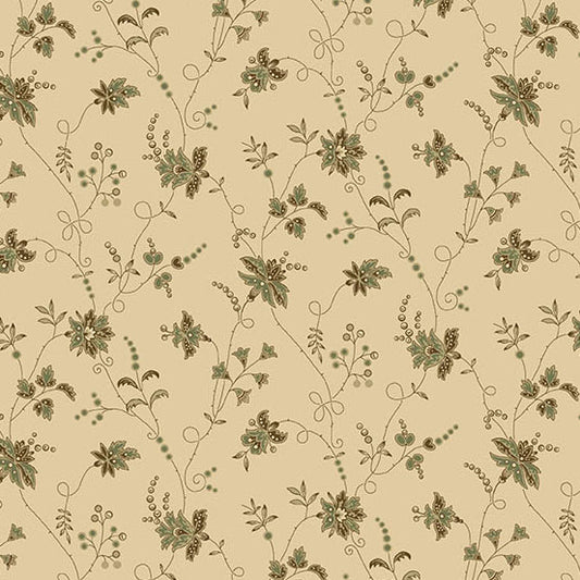 Jo Morton Trunk Treasures fabric 8040-G, trailing green floral vines and berries on tan