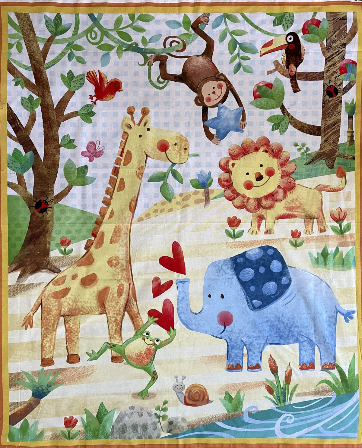 The Jungle Animals Cot Panel: a giraffe, lion, elephant and monkeys in a leafy jungle