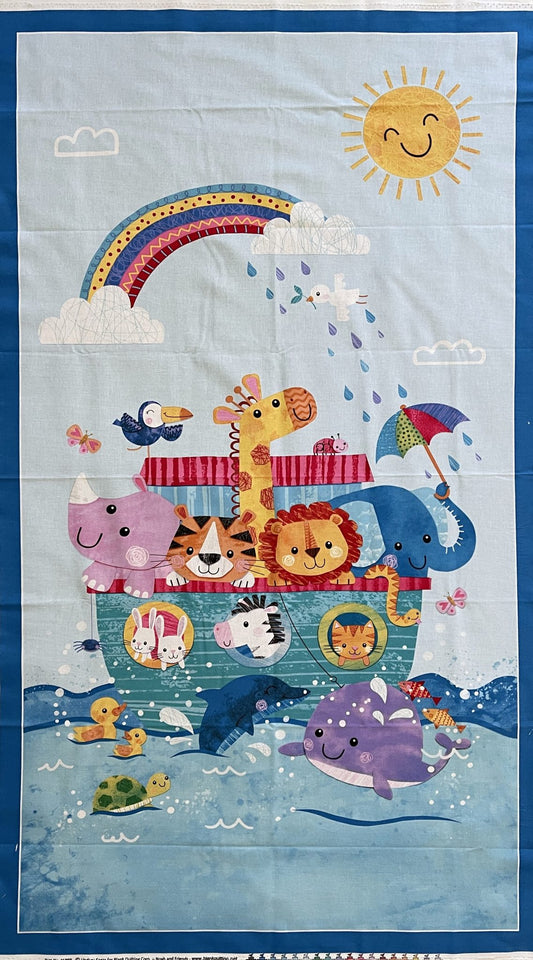 The Noah's Ark Cot Panel: the ark with animals under a rainbow and a smiling sun