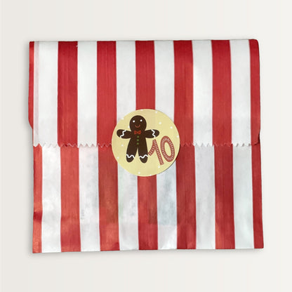 Bag 10 of the Quilter's Advent Calendar, a red and white striped bag sealed with a numbered gingerbread sticker