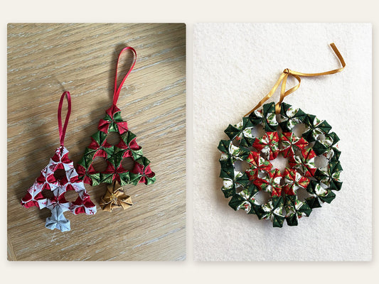 The pair made up: two Tiny Folded Christmas Trees, one Scandi and one Traditional, beside a Mini Christmas Wreath in green, red and cream